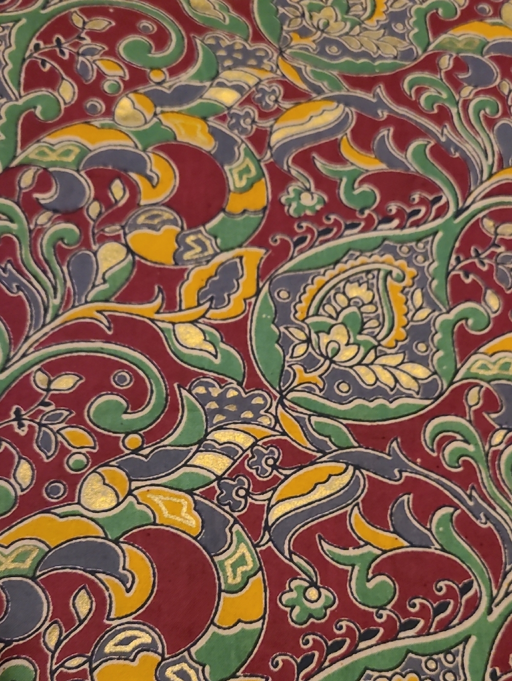Fabric Indian Inspired, Red Gold Green Sewing Quilting Floral Over 2 Yds